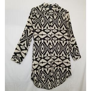Timing Women's Tribal Geometric Beige Black Dress Button Up Roll Tab Slv Size L